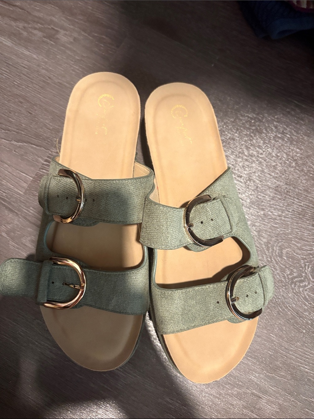 Double-Buckle Slide Sandals in Sage Green